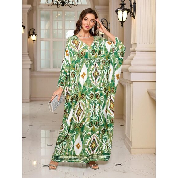 Women's 1 Green 100% Polyester V Neck Summer Beach Dresses Cover Ups Caftan Maxi - Picture 5 of 6